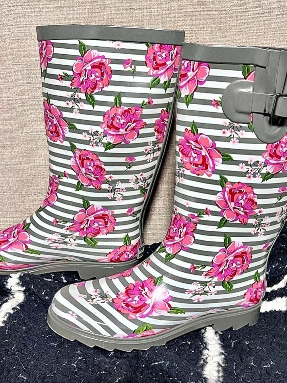 Landchief Tall Waterproof Rain Boots Gray Stripe Pink Floral-size 8